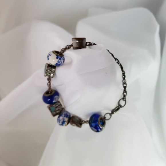 Unique Charms Hearts Glass Porcelain Love Rhinestone Beads Chain Bracelet 7.5 " - Picture 11 of 11